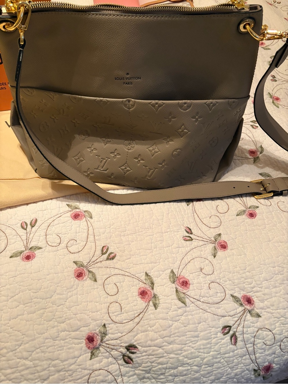 Source Unknown Taupe Embossed Leather Shoulder Bag with Gold Hardware